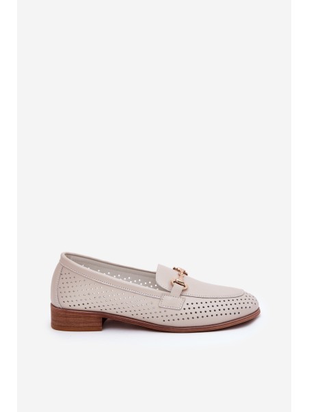 Leather Women's Moccasins With Decoration On Flat Heel Beige S.Barski LR51-588