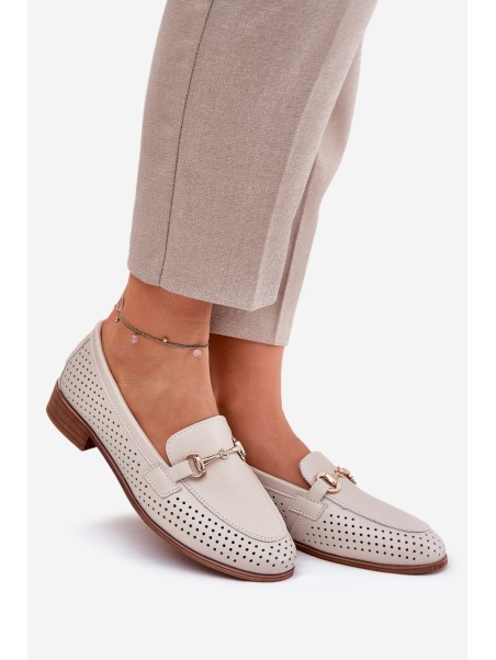 Leather Women's Moccasins With Decoration On Flat Heel Beige S.Barski LR51-588