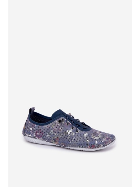 Ladies Leather Derby Shoes Made Of Natural Leather Patterned Artiker 56C2691 Blue
