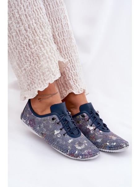 Ladies Leather Derby Shoes Made Of Natural Leather Patterned Artiker 56C2691 Blue