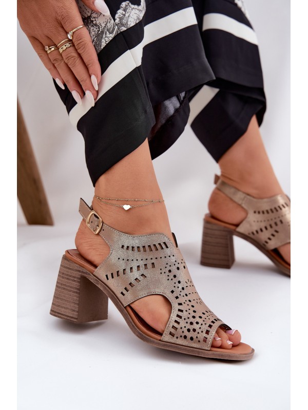 Ladies Perforated Sandals On A Heel Gold Tosine