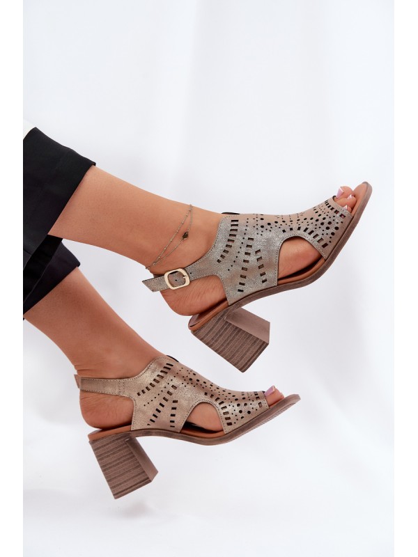 Ladies Perforated Sandals On A Heel Gold Tosine