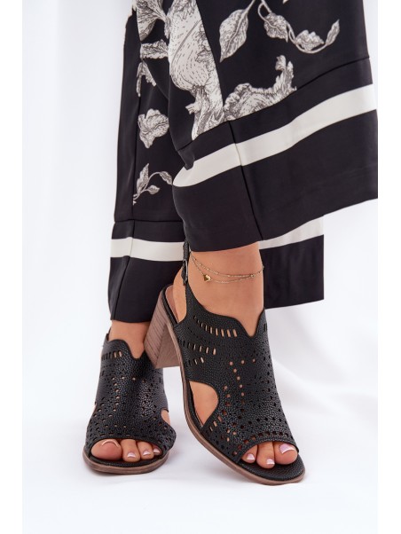 Ladies Perforated Sandals On Heel Black Tosine