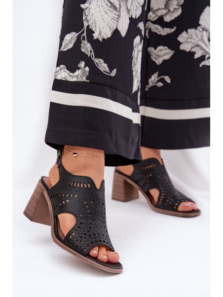 Ladies Perforated Sandals On Heel Black Tosine