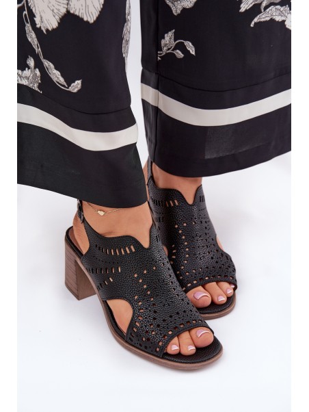 Ladies Perforated Sandals On Heel Black Tosine