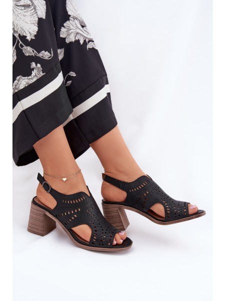 Ladies Perforated Sandals On Heel Black Tosine