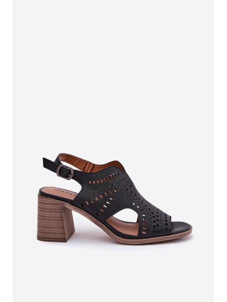 Ladies Perforated Sandals On Heel Black Tosine