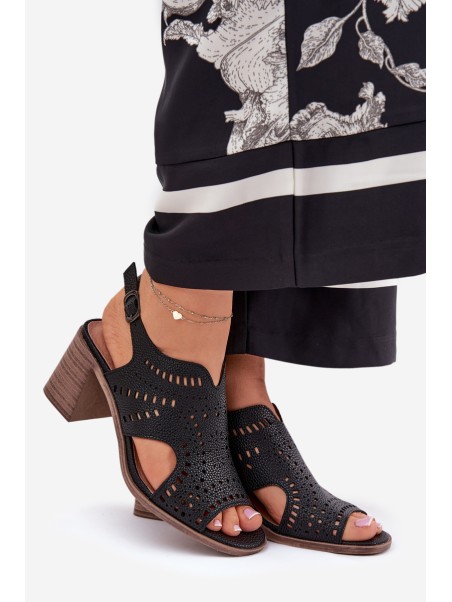 Ladies Perforated Sandals On Heel Black Tosine