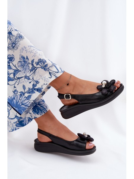 Ladies Sandals With Decorative Flower Black Divonne