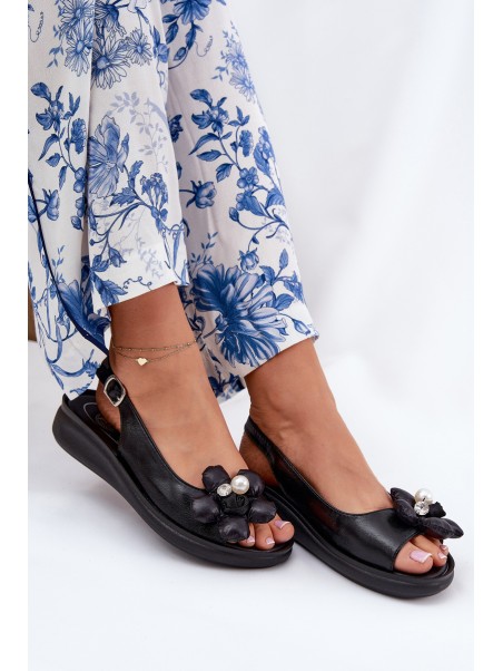 Ladies Sandals With Decorative Flower Black Divonne