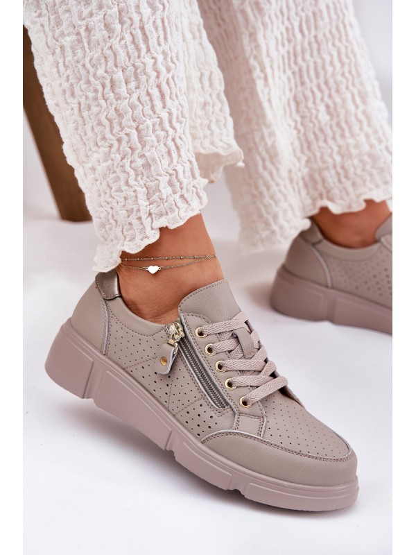 Leather Sports Shoes Sneakers On Platform With Zipper Vinceza 88019 Dark Beige