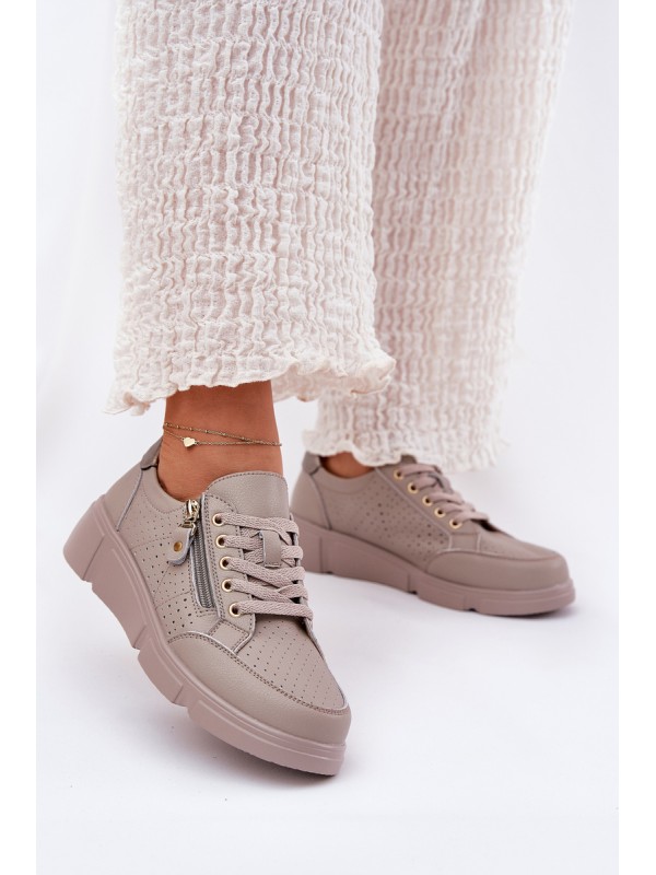 Leather Sports Shoes Sneakers On Platform With Zipper Vinceza 88019 Dark Beige
