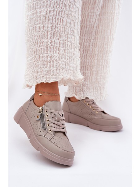 Leather Sports Shoes Sneakers On Platform With Zipper Vinceza 88019 Dark Beige