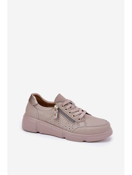 Leather Sports Shoes Sneakers On Platform With Zipper Vinceza 88019 Dark Beige