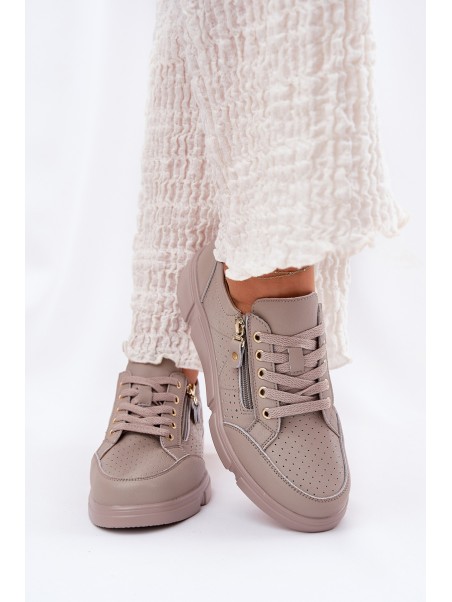 Leather Sports Shoes Sneakers On Platform With Zipper Vinceza 88019 Dark Beige