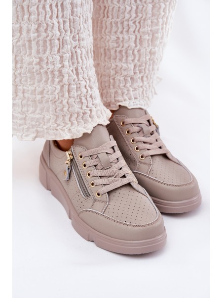 Leather Sports Shoes Sneakers On Platform With Zipper Vinceza 88019 Dark Beige