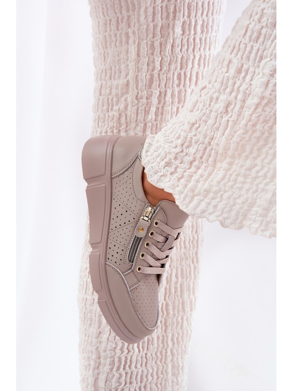 Leather Sports Shoes Sneakers On Platform With Zipper Vinceza 88019 Dark Beige