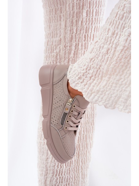 Leather Sports Shoes Sneakers On Platform With Zipper Vinceza 88019 Dark Beige