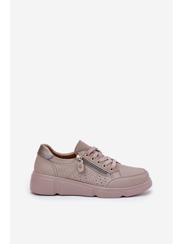 Leather Sports Shoes Sneakers On Platform With Zipper Vinceza 88019 Dark Beige