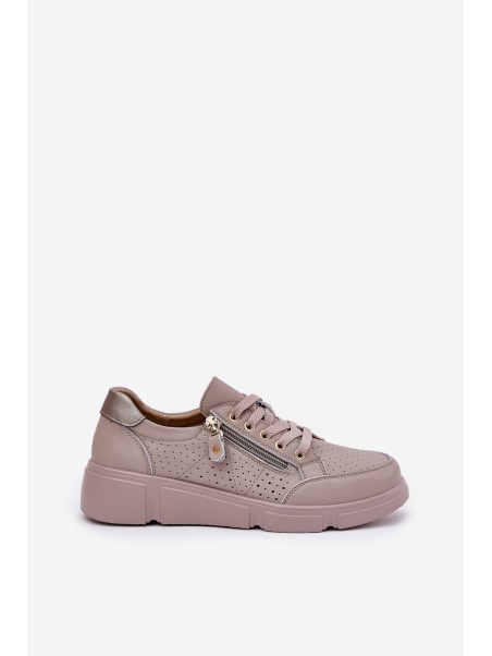 Leather Sports Shoes Sneakers On Platform With Zipper Vinceza 88019 Dark Beige
