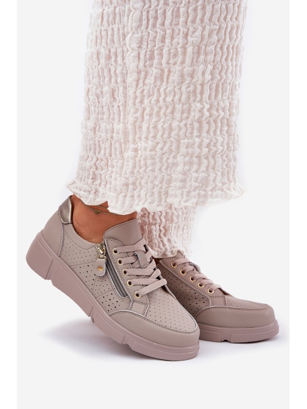 Leather Sports Shoes Sneakers On Platform With Zipper Vinceza 88019 Dark Beige