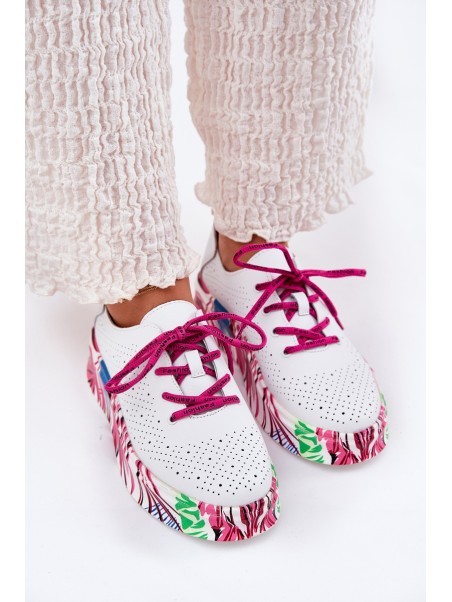 Women's Leather Sneakers On Patterned Platform Vinceza 88017 White