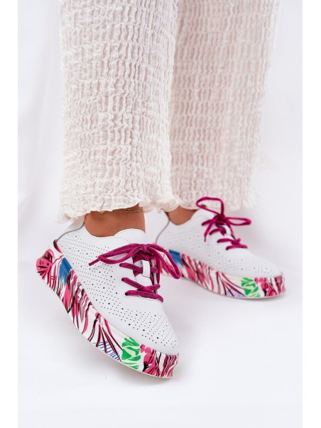 Women's Leather Sneakers On Patterned Platform Vinceza 88017 White