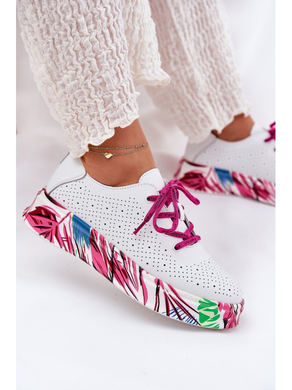 Women's Leather Sneakers On Patterned Platform Vinceza 88017 White