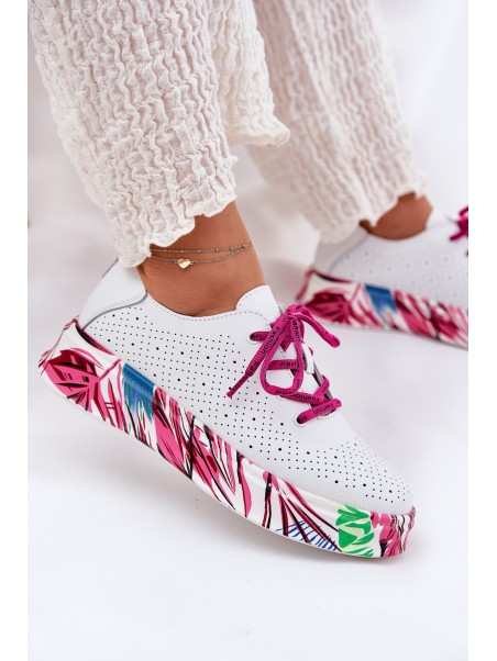Women's Leather Sneakers On Patterned Platform Vinceza 88017 White