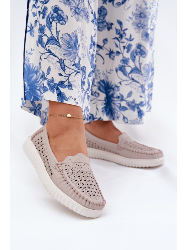 Leather Women's Moccasins With Openwork Pattern Vinceza 88028 Beige