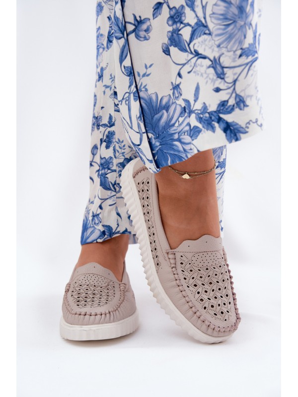 Leather Women's Moccasins With Openwork Pattern Vinceza 88028 Beige 2