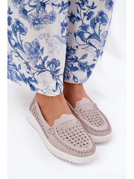 Leather Women's Moccasins With Openwork Pattern Vinceza 88028 Beige