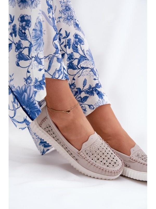 Leather Women's Moccasins With Openwork Pattern Vinceza 88028 Beige