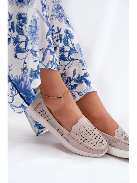 Leather Women's Moccasins With Openwork Pattern Vinceza 88028 Beige