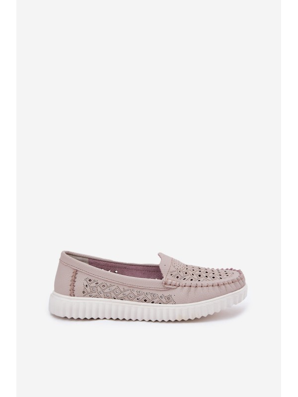 Leather Women's Moccasins With Openwork Pattern Vinceza 88028 Beige