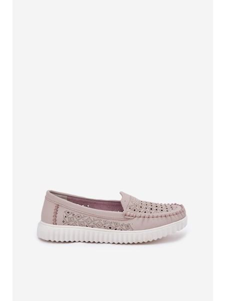 Leather Women's Moccasins With Openwork Pattern Vinceza 88028 Beige
