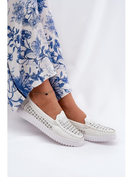 Leather Women's Moccasins With Openwork Pattern Vinceza 88028 White