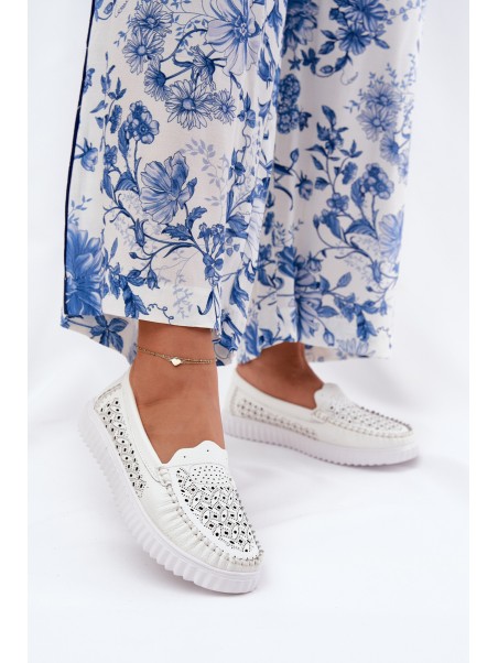 Leather Women's Moccasins With Openwork Pattern Vinceza 88028 White