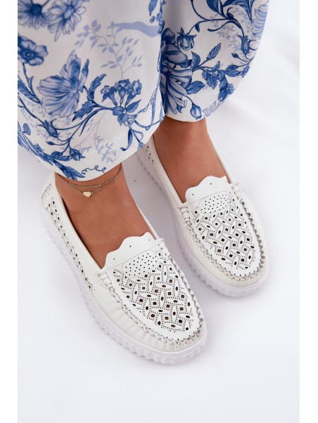 Leather Women's Moccasins With Openwork Pattern Vinceza 88028 White