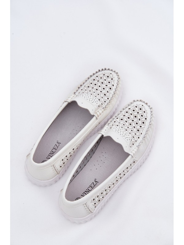 Leather Women's Moccasins With Openwork Pattern Vinceza 88028 White
