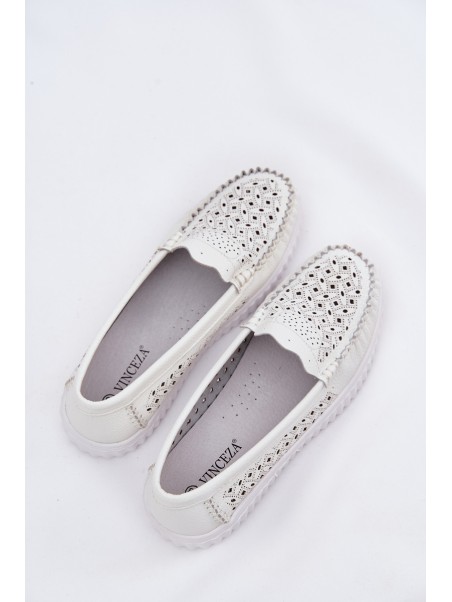 Leather Women's Moccasins With Openwork Pattern Vinceza 88028 White