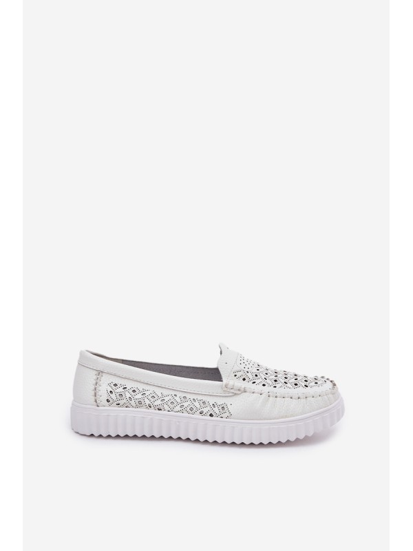 Leather Women's Moccasins With Openwork Pattern Vinceza 88028 White