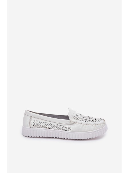 Leather Women's Moccasins With Openwork Pattern Vinceza 88028 White