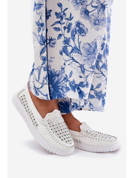 Leather Women's Moccasins With Openwork Pattern Vinceza 88028 White