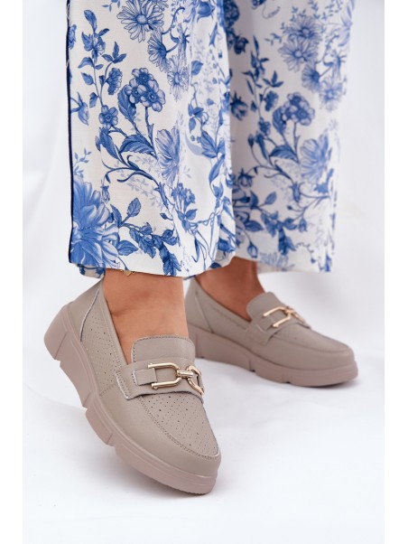 Ladies Leather Moccasins with Golden Detail Ciemnobeżowe Vinceza 88007