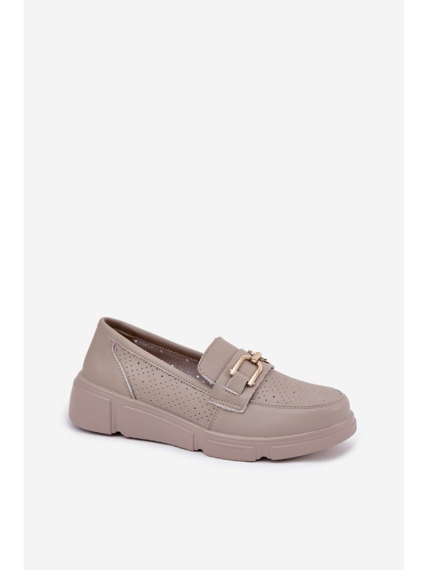 Ladies Leather Moccasins with Golden Detail Ciemnobeżowe Vinceza 88007