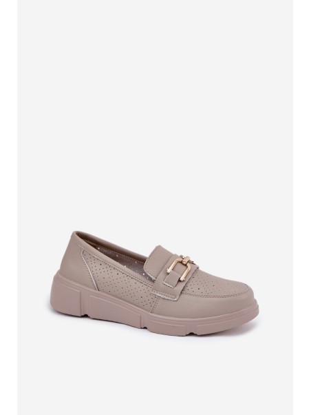 Ladies Leather Moccasins with Golden Detail Ciemnobeżowe Vinceza 88007