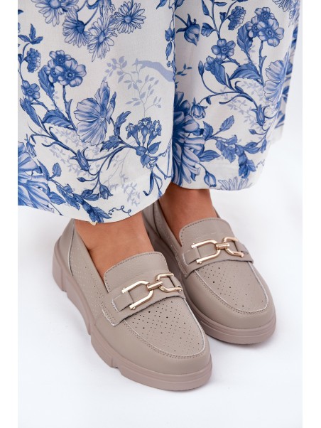 Ladies Leather Moccasins with Golden Detail Ciemnobeżowe Vinceza 88007