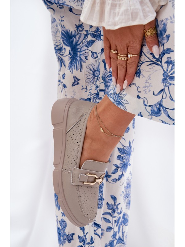 Ladies Leather Moccasins with Golden Detail Ciemnobeżowe Vinceza 88007