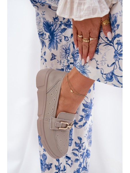 Ladies Leather Moccasins with Golden Detail Ciemnobeżowe Vinceza 88007